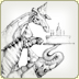 graphite illustration elephant, giraffe, zebra hold birthday cake
